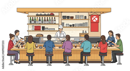 Engaging Sushi Bar Scene with Customers and Chef Creating a Lively Atmosphere