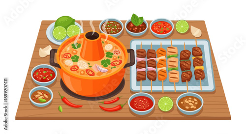 Exotic thai food on a wooden board featuring a variety of dishes