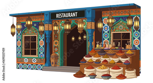 Exotic Restaurant Facade with Spices and Intricate Middle Eastern Design