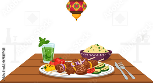 Exotic middle eastern food composition with kebab skewer and salad bowl