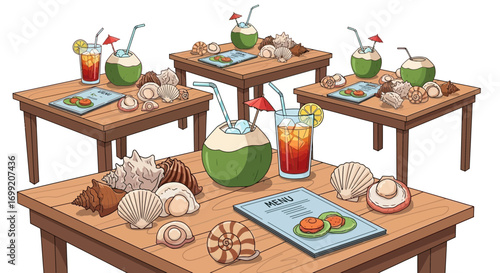 Exotic Tropical Dining Setting with Coconut Drinks and Seashell Decor