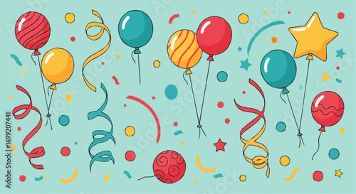 Celebration party background with colorful balloons streamers and confetti for birthday and special events design vector