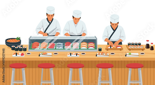 Expert Sushi Chefs at Work Preparing Japanese Delicacies in Restaurant