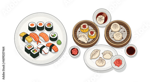 Exquisite assortment of sushi and dim sum Asian culinary experience depiction
