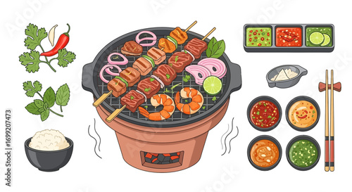 Exquisite cartoon portrayal of korean barbecue with assorted skewers and spices