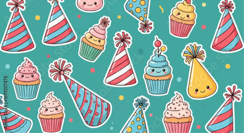 Cute birthday party background with cupcakes and party hats seamless pattern vector illustration design for kids vector