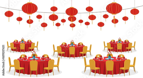 Festive banquet hall decoration with traditional chinese hanging lanterns
