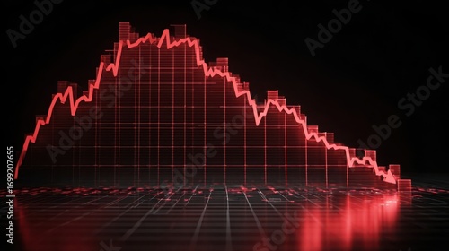 A red, descending graph on a dark background symbolizes a declining trend in data or finances, reflecting negative performance or loss.