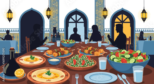 Festive iftar dinner with mediterranean dishes served in a restaurant setting