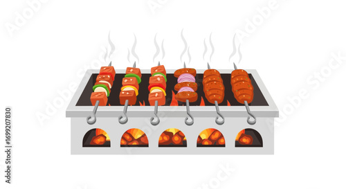 Grilled skewers with meat and vegetables on a charcoal grill illustration