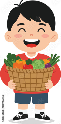 Happy boy holds a basket of fresh vegetables. Perfect for food blogs, health and wellness graphics, grocery store promotions, and recipe websites.