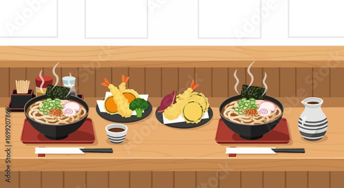 Harmonious arrangement of japanese cuisine presenting Udon and Tempura delicacy