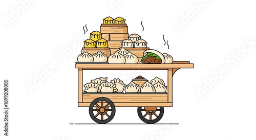 Illustration of a food cart filled with various Asian dumplings and buns
