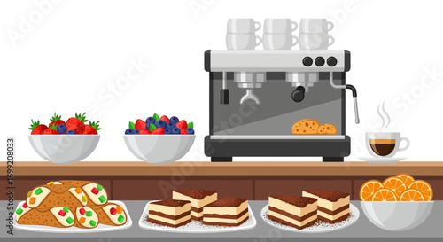 Illustration of a cafe setting with sweet desserts and coffee machine