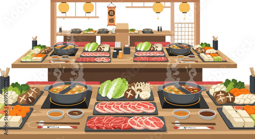 Illustration of a meticulously arranged shabu-shabu dining experience