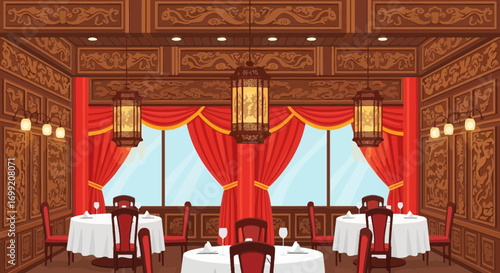 Illustration of a decorative Chinese restaurant interior with formal dining