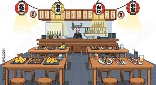 Illustration of a quaint Japanese restaurant with food and lanterns