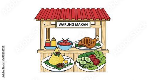 Illustration of a vibrant indonesian food stall, showcasing local cuisine