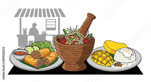 Illustration of a Traditional Thai Food Composition with Market Stall