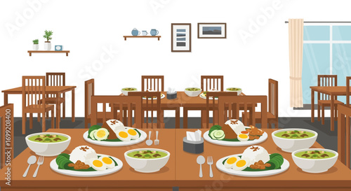 Illustration of Indonesian Restaurant Interior with Soto Ayam and Nasi Lemak