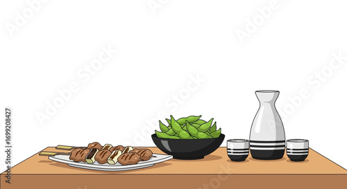 Illustration of Japanese Izakaya Cuisine with Grilled Skewers and Edamame