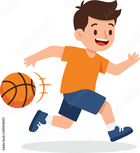 Boy dribbling basketball joyfully, suitable for sportsthemed designs, kids activities, basketball events, exercise motivation, and active lifestyle concepts.