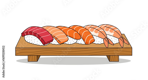 Illustration of sushi varieties on wooden platter, Japanese cuisine delicacy