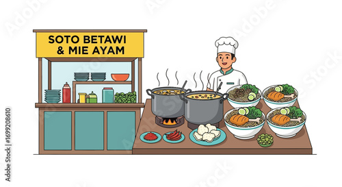 Illustrative depiction of a Soto Betawi and Mie Ayam food stall scene