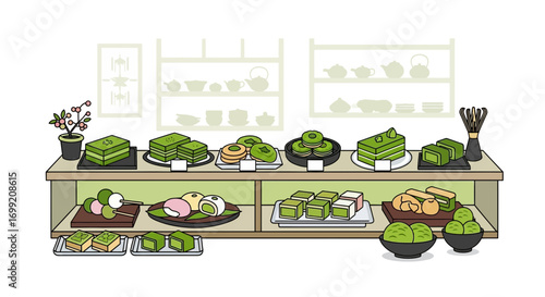 Illustrative display of traditional Japanese green tea desserts in a shop