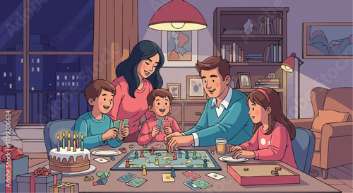 Happy family playing board games together at home enjoying birthday celebration with cake and presents vector