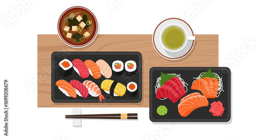 Illustrative Sushi Platter with Miso Soup and Green Tea Presentation