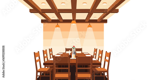 Inviting dining space design with rustic wooden elements and soft light