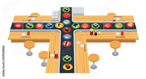 Isometric Illustration of a Kaitenzushi Restaurant with Conveyor Belt