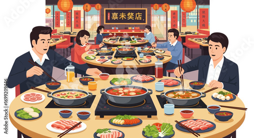 People enjoying hot pot dining experience in a restaurant setting