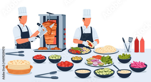Preparation of a delicious Doner Kebab, a classic turkish street food