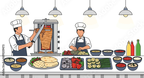 Preparation of kebab with ingredients in professional kitchen setting illustration