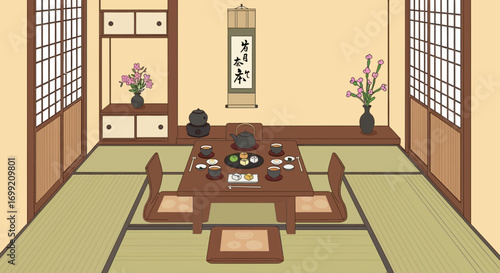 Serene traditional japanese tearoom illustration with flower arrangements