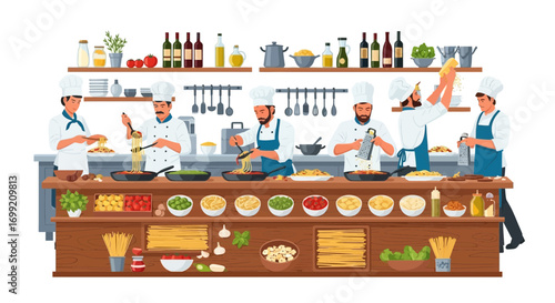 Skilled chefs preparing diverse pasta dishes in a vibrant restaurant kitchen