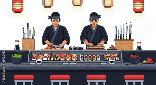 Skilled sushi chefs preparing a variety of rolls and nigiri delicacies