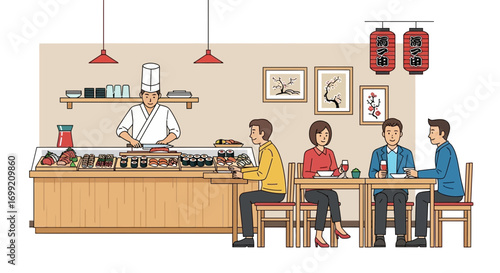 Sushi Bar Culinary Experience with Chef and Guests Enjoying Fresh Creations