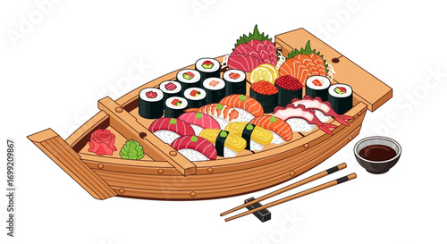Sushi boat overflowing with assorted japanese cuisine and condiments