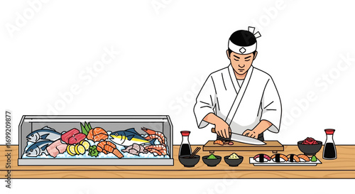Sushi chef preparing and presenting a fresh assortment of sushi dishes