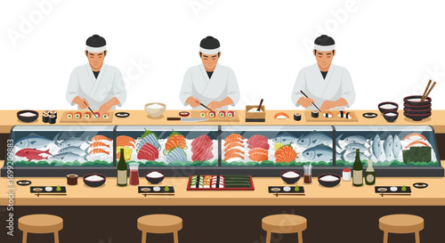 Sushi Chefs Crafting Exquisite Rolls at a Traditional Japanese Restaurant