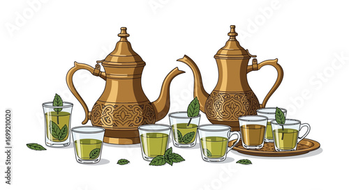 Traditional Moroccan Mint Tea Service with Elaborate Teapots and Glasses