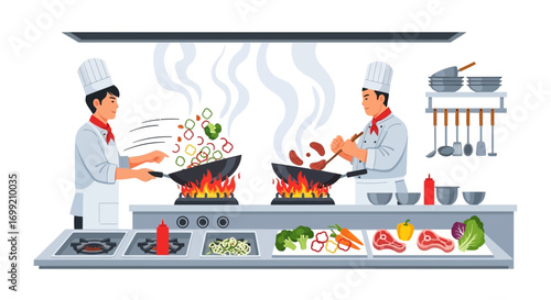 Two chefs cooking different dishes in a professional kitchen setup