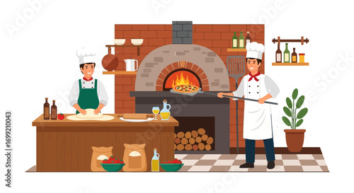 Two chefs prepare a pizza in a traditional oven and prepare the dough