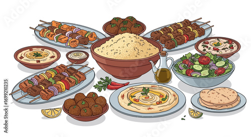 Vibrant assortment of middle eastern cuisine presented with artistic flair