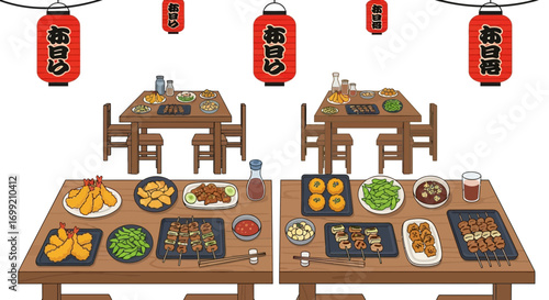 Vibrant izakaya scene featuring tables laden with delicious japanese food
