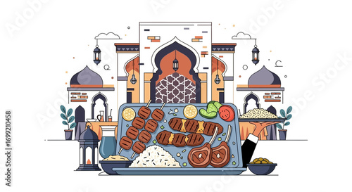 Vibrant Middle Eastern feast illustration with architecture and cuisine
