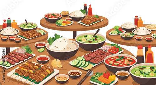 Vibrant spread of assorted thai cuisine delicacies for family gathering